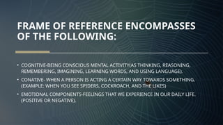FRAME OF REFERENCE ENCOMPASSES
OF THE FOLLOWING:
• COGNITIVE-BEING CONSCIOUS MENTAL ACTIVITY(AS THINKING, REASONING,
REMEMBERING, IMAGINING, LEARNING WORDS, AND USING LANGUAGE).
• CONATIVE- WHEN A PERSON IS ACTING A CERTAIN WAY TOWARDS SOMETHING.
(EXAMPLE: WHEN YOU SEE SPIDERS, COCKROACH, AND THE LIKES)
• EMOTIONAL COMPONENTS-FEELINGS THAT WE EXPERIENCE IN OUR DAILY LIFE.
(POSITIVE OR NEGATIVE).
 