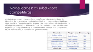 Modalidades: as subdivisões
competitivas
A ginástica moderna, regimentada pela Federação Internacional de
Ginástica, incorpora seis modalidades distintas, com uma delas divida em
duas ramificações de importância igual, gerando assim um total de sete, de
acordo com a visão da federação, que deu ainda a cada uma delas um
específico Código de Pontos.29 Uma dentre as demais, não competitiva,
reúne no concreto, o conceito da ginástica em si:
 