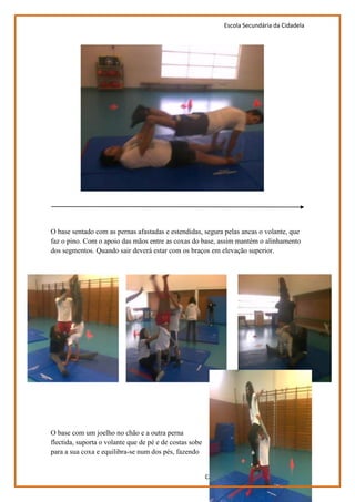 Escola Secundária da Cidadela




O base sentado com as pernas afastadas e estendidas, segura pelas ancas o volante, que
faz o pino. Com o apoio das mãos entre as coxas do base, assim mantém o alinhamento
dos segmentos. Quando sair deverá estar com os braços em elevação superior.




O base com um joelho no chão e a outra perna
flectida, suporta o volante que de pé e de costas sobe
para a sua coxa e equilibra-se num dos pés, fazendo


                                                         Catarina Alexandra Eusébio, nº1, T3A
 