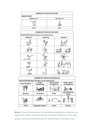 Nível 3 - Exercício composto por cinco elementos facultativos de pares (um de
cada grupo) e quatro elementos técnicos individuais facultativos (um de cada
grupo) e três livres (constituídos por um elemento técnico individual e dois
 