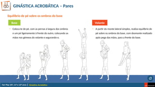 GINÁSTICA ACROBÁTICA – Pares
Ginástica Acrobática
Equilíbrio de pé sobre os ombros do base
Base
• A partir do monte lateral simples, realiza equilíbrio de
pé sobre os ombros do base, com desmonte realizado
após pega das mãos, para a frente do base.
• Coloca-te de pé, com as pernas à largura dos ombros
e um pé ligeiramente à frente do outro, colocando as
mãos nos gémeos do volante e segurando-o.
Volante
 
