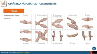 GINÁSTICA ACROBÁTICA – Caracterização
Para diferentes elementos acrobáticos, terás de dominar diferentes tipos de pega, que diferem quanto à sua forma de
execução.
Ginástica Acrobática
Pegas
 