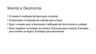 Monte e Desmonte
• O monte é realizado da base para o volante
• O desmonte é realizado do volante para a base
• Quer o monte quer o desmonte é efetuado de forma lenta e cuidada
• Deve respeitar os tempos da música: 8 tempos para montar, 8 tempos
para manter na figura, 8 tempos para desmontar
 