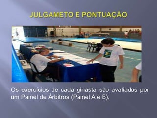 JULGAMETO E PONTUAÇÃOOs exercícios de cada ginasta são avaliados por um Painel de Árbitros (Painel A e B). 