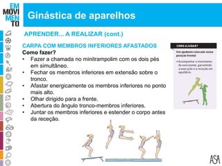 APRENDER... A REALIZAR (cont.)
CARPA COM MEMBROS INFERIORES AFASTADOS
Como fazer?
• Fazer a chamada no minitrampolim com os dois pés
em simultâneo.
• Fechar os membros inferiores em extensão sobre o
tronco.
• Afastar energicamente os membros inferiores no ponto
mais alto.
• Olhar dirigido para a frente.
• Abertura do ângulo tronco-membros inferiores.
• Juntar os membros inferiores e estender o corpo antes
da receção.
Ginástica de aparelhos
 