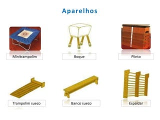 Aparelhos
BoqueMinitrampolim Plinto
Trampolim sueco Banco sueco Espaldar
 