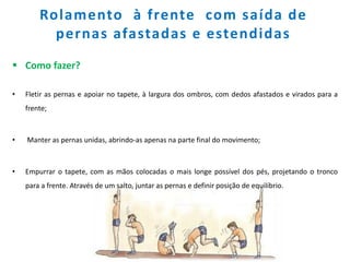Rolamento à frente com saída de
pernas afastadas e estendidas
 Como fazer?
• Fletir as pernas e apoiar no tapete, à largura dos ombros, com dedos afastados e virados para a
frente;
• Manter as pernas unidas, abrindo-as apenas na parte final do movimento;
• Empurrar o tapete, com as mãos colocadas o mais longe possível dos pés, projetando o tronco
para a frente. Através de um salto, juntar as pernas e definir posição de equilíbrio.
 