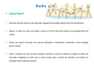 Roda
 Como fazer?
• Executar afundo da perna de impulsão, seguido de elevação rápida da perna de balanço;
• Apoiar as mãos no solo, uma após a outra, em linha reta com braços no prolongamento do
corpo;
• Passar por apoio invertido com pernas afastadas e estendidas, mantendo o olhar dirigido
para as mãos;
• Fazer a receção no solo em dois tempos: primeiro a perna de balanço e depois a perna de
impulsão, chegando ao solo com o corpo virado para o ponto de partida e os braços em
elevação lateral obliqua superior.
 