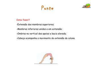 Rolamento  à frente  com saída de pernas afastadas e estendidas Como fazer? -Flectir as pernas e apoiar no tapete, à largura dos ombros, com dedos afastados e virados para a frente; -Manter as pernas unidas, abrindo-as apenas na parte final do movimento; -Empurrar o tapete, com as mãos colocadas o mais longe possível dos pés, projectando o tronco para a frente. Através de um salto, juntar as pernas e definir posição de equilíbrio. 