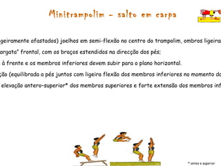 Roda Como fazer? -Executar afundo da perna de impulsão, seguido de elevação rápida da perna de balanço; -Apoiar as mãos no solo, uma após a outra, em linha recta com braços no prolongamento do corpo; -Passar por apoio invertido com pernas afastadas e estendidas, mantendo o olhar dirigido para as mãos; -Fazer a recepção no solo em dois tempos: primeiro a perna de balanço e depois a perna de impulsão, chegando ao solo com o corpo virado para o ponto de partida e os braços em elevação lateral obliqua superior. 