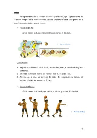 12
Passe
Para passares a bola, tens de observar primeiro o jogo. É preciso ver se
tens um companheiro desmarcado e decidir o que vais fazer após passares a
bola (exemplo: cortar para o cesto).
 Passe de Peito
É um passe utilizado em distâncias curtas e médias.
Como fazer:
1. Segura a bola com as duas mãos, à frente do peito, e os cotovelos junto
ao tronco.
2. Estende os braços e roda as palmas das mãos para fora.
3. Arremessa a bola na direção do peito do companheiro, dando, ao
mesmo tempo, um passo em frente.
 Passe de Ombro
É um passe utilizado para lançar a bola a grandes distâncias.
 Passe de Peito.
 Passe de Ombro.
 