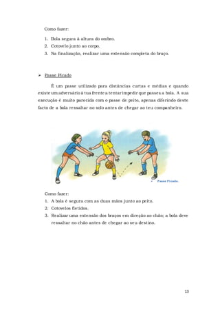 13
Como fazer:
1. Bola segura à altura do ombro.
2. Cotovelo junto ao corpo.
3. Na finalização, realizar uma extensão completa do braço.
 Passe Picado
É um passe utilizado para distâncias curtas e médias e quando
existe um adversário à tua frente a tentar impedir que passes a bola. A sua
execução é muito parecida com o passe de peito, apenas diferindo deste
facto de a bola ressaltar no solo antes de chegar ao teu companheiro.
Como fazer:
1. A bola é segura com as duas mãos junto ao peito.
2. Cotovelos fletidos.
3. Realizar uma extensão dos braços em direção ao chão; a bola deve
ressaltar no chão antes de chegar ao seu destino.
 Passe Picado.
 