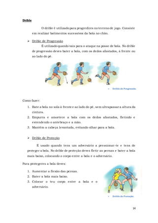 14
Drible
O drible é utilizado para progredires no terreno de jogo. Consiste
em realizar batimentos sucessivos da bola no chão.
 Drible de Progressão
É utilizado quando vais para o ataque na posse de bola. No drible
de progressão deves bater a bola, com os dedos afastados, à frente ou
ao lado do pé.
Como fazer:
1. Bate a bola no sola à frente e ao lado do pé, sem ultrapassar a altura da
cintura.
2. Empurra e amortece a bola com os dedos afastados, fletindo e
estendendo o antebraço e a mão.
3. Mantém a cabeça levantada, evitando olhar para a bola.
 Drible de Proteção
É usado quando tens um adversário a pressionar-te e tens de
proteger a bola. No drible de proteção deves fletir as pernas e bater a bola
mais baixo, colocando o corpo entre a bola e o adversário.
Para protegeres a bola deves:
1. Aumentar a flexão das pernas.
2. Bater a bola mais baixo.
3. Colocar o teu corpo entre a bola e o
adversário.
 Drible de Progressão.
 Drible de Proteção.
 