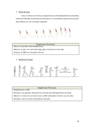 26
 Salto de gato
Com o tronco na vertical, impulsiona-se alternadamente os membros
inferioresfletidos acima do nível da bacia e os membros superiores ao nível
dos ombros ou em elevação superior.
 Saltos de “carpa”
Exigências Técnicas:
-Elevar os joelhos alternadamente;
-Manter os pés em extensão logo após elevarem-se do solo;
-Colocar os MS em elevação lateral.
Exigências Técnicas:
-Impulsionar os MI;
-Realizar um grande afastamento frontal dos MI (paralelos ao solo);
-Manter o tronco na vertical com os MS colocados à frente ou ao lado;
-Realizar uma receção simultânea dos pés.
 