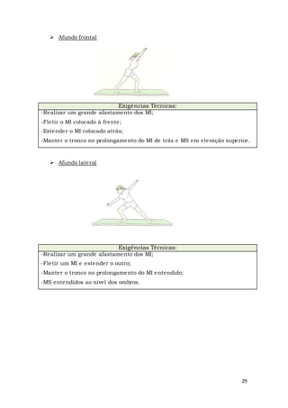 29
 Afundo frontal
 Afundo lateral
Exigências Técnicas:
-Realizar um grande afastamento dos MI;
-Fletir o MI colocado à frente;
-Estender o MI colocado atrás;
-Manter o tronco no prolongamento do MI de trás e MS em elevação superior.
Exigências Técnicas:
-Realizar um grande afastamento dos MI;
-Fletir um MI e estender o outro;
-Manter o tronco no prolongamento do MI entendido;
-MS entendidos ao nível dos ombros.
 
