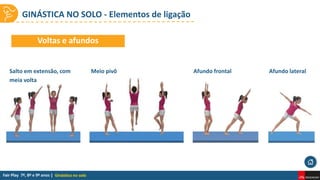 GINÁSTICA NO SOLO - Elementos de ligação
Ginástica no solo
Salto em extensão, com
meia volta
Meio pivô Afundo frontal Afundo lateral
Voltas e afundos
 