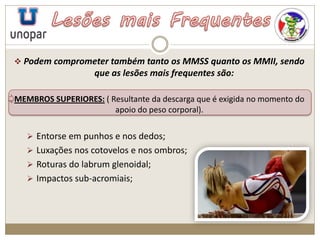  Podem comprometer também tanto os MMSS quanto os MMII, sendo
que as lesões mais frequentes são:
MEMBROS SUPERIORES: ( Resultante da descarga que é exigida no momento do
apoio do peso corporal).
 Entorse em punhos e nos dedos;
 Luxações nos cotovelos e nos ombros;
 Roturas do labrum glenoidal;
 Impactos sub-acromiais;
 