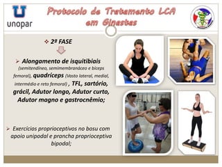  2ª FASE
 Alongamento de isquitibiais
(semitendíneo, semimembranáceo e bíceps
femoral), quadríceps (Vasto lateral, medial,
intermédio e reto femoral) , TFL, sartório,
grácil, Adutor longo, Adutor curto,
Adutor magno e gastrocnêmio;
 Exercícios proprioceptivos no bosu com
apoio unipodal e prancha proprioceptiva
bipodal;
 