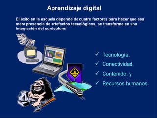 Aprendizaje digital El éxito en la escuela depende de cuatro factores para hacer que esa mera presencia de artefactos tecnológicos, se transforme en una integración del curriculum: Tecnología, Conectividad, Contenido, y Recursos humanos 