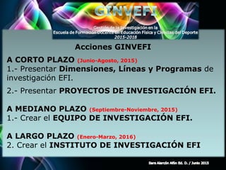 Page 5
Acciones GINVEFI
A CORTO PLAZO (Junio-Agosto, 2015)
1.- Presentar Dimensiones, Líneas y Programas de
investigación EFI.
2.- Presentar PROYECTOS DE INVESTIGACIÓN EFI.
A MEDIANO PLAZO (Septiembre-Noviembre, 2015)
1.- Crear el EQUIPO DE INVESTIGACIÓN EFI.
A LARGO PLAZO (Enero-Marzo, 2016)
2. Crear el INSTITUTO DE INVESTIGACIÓN EFI
 