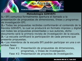 Page 6
Metodología GINVEFI
1.- EFI comunica formalmente apertura el llamado a la
presentación de propuestas de dimensiones, líneas y programas
de investigación EFI.
2.- Todas las propuestas recibidas conformarán el contenido de la
Revista GINVEFI, la cual se producirá en formato impreso y digital
con todas las propuestas presentadas y sus autores, dicho
documento será la primera revista de investigación de la escuela.
3.- La escuela certificará la participación de cada persona que
presente propuestas.
4.- Los miembros de la escuela EFI podrán participar en una o en
ambas fases:
Fase #1: Presentación de propuestas de dimensiones,
programas, y líneas de investigación.
Fase #2: Presentación de proyectos de investigación.
 
