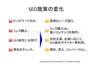 SEO施策の変化	
ビッグワードのみ。	
  

多様なニーズ狙う。	
  

リンク購入。	

リンク購入NG。	
  
良いコンテンツを制作。	
  

SEO会社に丸投げ。	

自社主導。必要に応じて、	
  
SEO会社やライター等利用。	

順位をチェック。	

順位、流入、コンバージョン。	

Copyright	
  ©	
  2013	
  Ginzamarkets,	
  Inc.	
  All	
  rights	
  reserved.	

 