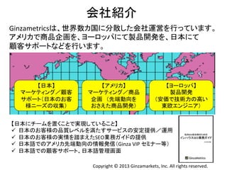 Copyright	
  ©	
  2013	
  Ginzamarkets,	
  Inc.	
  All	
  rights	
  reserved.	
会社紹介	
Ginzametricsは、世界数カ国に分散した会社運営を行っています。	
  
アメリカで商品企画を、ヨーロッパにて製品開発を、日本にて	
  
顧客サポートなどを行います。	
  
【日本】	
  
マーケティング／顧客
サポート（日本のお客
様ニーズの収集）	
【アメリカ】	
  
マーケティング／商品
企画　（先端動向を	
  
おさえた商品開発）	
【ヨーロッパ】	
  
製品開発	
  
（安価で技術力の高い
東欧エンジニア）	
  
【日本にチームを置くことで実現していること】	
  
ü  日本のお客様の品質レベルを満たすサービスの安定提供／運用	
  
ü  日本のお客様の実情を踏まえたSEO業務ガイドの提供	
  
ü  日本語でのアメリカ先端動向の情報発信（Ginza	
  VIP	
  セミナー等）	
  
ü  日本語での顧客サポート、日本語管理画面	
 