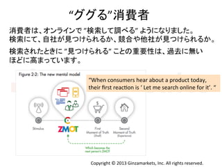 Copyright	
  ©	
  2013	
  Ginzamarkets,	
  Inc.	
  All	
  rights	
  reserved.	
“ググる”消費者	
  
消費者は、オンラインで	
  ”検索して調べる”	
  ようになりました。	
  
検索にて、自社が見つけられるか、競合や他社が見つけられるか。	
  
	
  
検索されたときに	
  ”見つけられる”	
  ことの重要性は、過去に無い	
  
ほどに高まっています。	
  
“When	
  consumers	
  hear	
  about	
  a	
  product	
  today,	
  
their	
  ﬁrst	
  reacIon	
  is	
  ‘	
  Let	
  me	
  search	
  online	
  for	
  it’.	
  “	
  
 