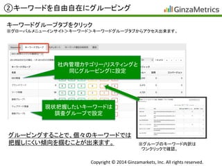 Copyright	
  ©	
  2014	
  Ginzamarkets,	
  Inc.	
  All	
  rights	
  reserved.	
②キーワードを自由自在にグルーピング	
キーワードグループタブをクリック	
  
※グローバルメニューインサイト＞キーワード＞キーワードグループタブからアクセス出来ます。	
  
社内管理カテゴリー/リスティングと	
  
同じグルーピングに設定	
現状把握したいキーワードは	
  
調査グループで設定	
  
グルーピングすることで、個々のキーワードでは	
  
把握しにくい傾向を掴むことが出来ます。	
   ※グループのキーワード内訳は	
  
　ワンクリックで確認。	
  
 