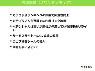 成功事例（オウンドメディア）
•カテゴリ別ランキングの設置で回遊性向上
•カテゴリ／タグ整理での内部リンク改善
•ポテンシャルは高いが順位が停滞している記事のリライ
ト
•サービスサイトへのCV導線の改善
•ウェブ接客ツールの導入
•調査記事によるPR
 