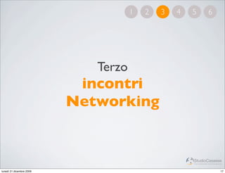 1   2   3   4   5           6




                             Terzo
                           incontri
                          Networking


                                                     StudioCassese
                                                     Formazione&Comunicazione


lunedì 21 dicembre 2009                                                    17
 