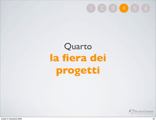 1   2   3   4   5           6




                            Quarto
                          la ﬁera dei
                           progetti


                                                 StudioCassese
                                                 Formazione&Comunicazione


lunedì 21 dicembre 2009                                                20
 