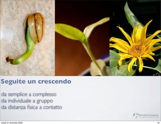 Seguite un crescendo
da semplice a complesso
da individuale a gruppo
da distanza ﬁsica a contatto
                               StudioCassese
                               Formazione&Comunicazione


lunedì 21 dicembre 2009                              81
 
