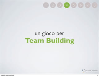 1   2   3   4   5   6     7             8




                            un gioco per
                          Team Building



                                                        StudioCassese
                                                        Formazione&Comunicazione


lunedì 21 dicembre 2009                                                       91
 