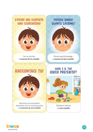 www.kiw.ee
EVVIVA! HAI SCOPERTO
UNA SCORCIATOIA!
Fai un sorriso
e avanza di tre caselle
RACCONTACI TU!
Racconta una cosa bella o
divertente che ti é successa prima
di avanzare di una casella!
QUAL É IL TUO
GIOCO PREFERITO?
Diccelo e avanza
di una casella
POVERO BIMBO
QUANTE LACRIME!
Dimmi perché piange
e avanza di due caselle
11
 