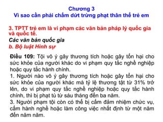 Chương 3
Vì sao cần phải chấm dứt trừng phạt thân thể trẻ em
3. TPTT trẻ em là vi phạm các văn bản pháp lý quốc gia
và quốc tế.
Các văn bản quốc gia
b. Bộ luật Hình sự
Điều 109: Tội vô ý gây thương tích hoặc gây tổn hại cho
sức khỏe của người khác do vi phạm quy tắc nghề nghiệp
hoặc quy tắc hành chính.
1. Người nào vô ý gây thương tích hoặc gây tổn hại cho
sức khỏe của người khác mà tỷ lệ thương tật từ 31% trở
lên, do vi phạm quy tắc nghề nghiệp hoặc quy tắc hành
chính, thì bị phạt tù từ sáu tháng đến ba năm.
3. Người phạm tội còn có thể bị cấm đảm nhiệm chức vụ,
cấm hành nghề hoặc làm công việc nhất định từ một năm
đến năm năm.
 
