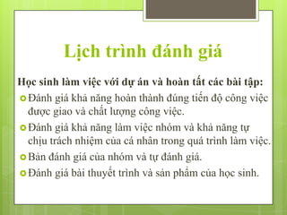Lịch trình đánh giá
Học sinh làm việc với dự án và hoàn tất các bài tập:
 Đánh giá khả năng hoàn thành đúng tiến độ công việc
được giao và chất lượng công việc.
 Đánh giá khả năng làm việc nhóm và khả năng tự
chịu trách nhiệm của cá nhân trong quá trình làm việc.
 Bản đánh giá của nhóm và tự đánh giá.
 Đánh giá bài thuyết trình và sản phẩm của học sinh.

 