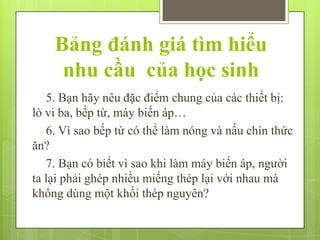 Bảng đánh giá tìm hiểu
nhu cầu của học sinh
5. Bạn hãy nêu đặc điểm chung của các thiết bị:
lò vi ba, bếp từ, máy biến áp…
6. Vì sao bếp từ có thể làm nóng và nấu chín thức
ăn?
7. Bạn có biết vì sao khi làm máy biến áp, người
ta lại phải ghép nhiều miếng thép lại với nhau mà
không dùng một khối thép nguyên?

 