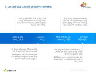 Google Confidential and Proprietary
4. Lợi ích của Google Display Networks
11
Toàn quyền kiểm soát quảng cáo
chạy trên chính xác những sites
nào, đảm bảo quảng cáo trúng đối
tượng tiềm năng.
Xây dựng và định vị thương
hiệu với các định dạng quảng
cáo đa dạng, linh hoạt và sang
tạo như hình ảnh hoặc video
Quảng cáo
trúng đích
Độ phủ
rộng
Nhận thức về
thương hiệu
Chi phí
hiệu qủa
Hệ thống sites của GDN phủ tới
90% người sử dụng Internet.
Quảng cáo trên GDN mang về
20% khách hàng mới nhiều hơn
so với trên Search Engine*
Phương thức tính tiền theo CPC,
Chỉ trả phí cho người dung nhấp
chuột vào quảng cáo
Tiết kiệm hơn trong việc truyền tải
thông điệp, thương hiệu tới khách
hàng mới
 