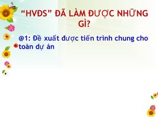 “HVĐS” ĐÃ LÀM Đ C NH NGƯỢ Ữ
GÌ?
@1: Đ xu t đ c ti n trình chung choề ấ ượ ế
toàn d ánự
 