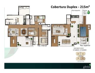 Cobertura Duplex - 215m²
Piscina
3,00 x
1,80m
Churrasqueira
Pav. Inferior Pav. Superior
 