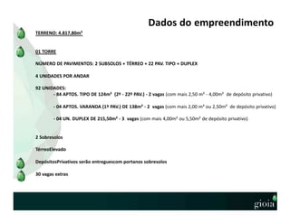 Dados do empreendimento
TERRENO: 4.817,80m²
01 TORRE
NÚMERO DE PAVIMENTOS: 2 SUBSOLOS + TÉRREO + 22 PAV. TIPO + DUPLEX
4 UNIDADES POR ANDAR
92 UNIDADES:
- 84 APTOS. TIPO DE 124m² (2º - 22º PAV.) - 2 vagas (com mais 2,50 m² - 4,00m² de depósito privativo)
- 04 APTOS. VARANDA (1º PAV.) DE 138m² - 2 vagas (com mais 2,00 m² ou 2,50m² de depósito privativo)
- 04 UN. DUPLEX DE 215,50m² - 3 vagas (com mais 4,00m² ou 5,50m² de depósito privativo)
2 Sobresolos
TérreoElevado
DepósitosPrivativos serão entreguescom portanos sobresolos
30 vagas extras
 