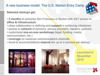 A new business model: The U.S. Market Entry Camp

    Selected startups get:

    • 3 months at swissnex San Francisco or Boston with 24/7 access to
    office & infrastructure
    • close collaboration in defining and support in achieving milestones
    • access to network of advisors, service providers, mentors, partners
    • customized one-on-one workshops (legal, funding, media,
    communication, etc.)
    • coverage on swissnex communications channels
    • travel & accommodations stipend (for up to 2 persons per startup)


                                                            Launched in
                                                            November
                                                            2010



6
 