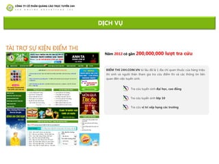 ĐIỂM THI 24H.COM.VN từ lâu đã là 1 địa chỉ quen thuộc của hàng triệu
thí sinh và ngƣời thân tham gia tra cứu điểm thi và các thông tin liên
quan đến việc tuyển sinh.
TÀI TRỢ SỰ KIỆN ĐIỂM THI
DỊCH VỤ
Tra cứu tuyển sinh đại học, cao đẳng
Tra cứu tuyển sinh lớp 10
Tra cứu vị trí xếp hạng các trƣờng
Năm 2012 có gần 200,000,000 lƣợt tra cứu
 