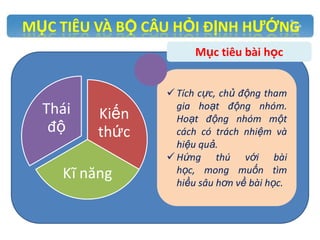 MỤC TIÊU VÀ BỘ CÂU HỎI ĐỊNH HƯỚNG
Mục tiêu bài học

Thái
độ

Kiến
thức

Kĩ năng

 Tích cực, chủ động tham
gia hoạt động nhóm.
Hoạt động nhóm một
cách có trách nhiệm và
hiệu quả.
 Hứng thú với bài
học, mong muốn tìm
hiều sâu hơn về bài học.

 