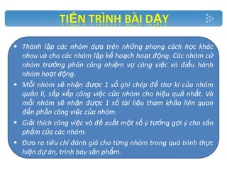  Thành lập các nhóm dựa trên những phong cách học khác
nhau và cho các nhóm lập kế hoạch hoạt động. Các nhóm cử
nhóm trưởng phân công nhiệm vụ công việc và điều hành
nhóm hoạt động.
 Mỗi nhóm sẽ nhận được 1 sổ ghi chép để thư kí của nhóm
quản lí, sắp xếp công việc của nhóm cho hiệu quả nhất. Và
mỗi nhóm sẽ nhận được 1 số tài liệu tham khảo liên quan
đến phần công việc của nhóm.
 Giải thích công việc và đề xuất một số ý tưởng gợi ý cho sản
phẩm của các nhóm.
 Đưa ra tiêu chí đánh giá cho từng nhóm trong quá trình thực
hiện dự án, trình bày sản phẩm.

 