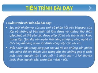1 tuần trước khi bắt đầu bài dạy:
 Sau mỗi nhiệm vụ, các học sinh sẽ phản hồi trên blogspot của
lớp về những gì bản thân đã làm được và những khó khăn
gặp phải, có thể yêu cầu được giúp đỡ từ các thành viên khác
trong lớp. Qua đó, rèn luyện khả năng sử dụng công nghệ và
GV cũng dễ dàng quan sát được công việc của các em.
 Mỗi nhóm lập trang blogspot sau đó tải lên những sản phẩm
của mình để các thành viên trong lớp cho những góp ý, thắc
mắc theo nguyên tắc 3 câu hỏi – 2 nhận xét – 1 lời khuyên
hoặc theo nguyên tắc: chưa đạt – đạt – tốt.

 