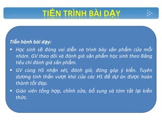 Tiến hành bài dạy:
 Học sinh sẽ đóng vai diễn và trình bày sản phẩm của mỗi
nhóm. GV theo dõi và đánh giá sản phẩm học sinh theo Bảng
tiêu chí đánh giá sản phẩm.
 GV cùng HS nhận xét, đánh giá, đóng góp ý kiến. Tuyên
dương tinh thần vượt khó của các HS để dự án được hoàn
thành tốt đẹp.
 Giáo viên tổng hợp, chỉnh sửa, bổ sung và tóm tắt lại kiến
thức.

 
