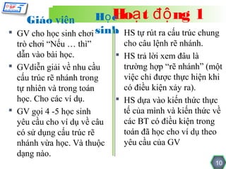 Giáo viên          Họ c ạ t độ ng 1
                          Ho
 GV cho học sinh chơi sinh HS tự rút ra cấu trúc chung
                           
  trò chơi “Nếu … thì”         cho câu lệnh rẽ nhánh.
  dẫn vào bài học.            HS trả lời xem đâu là
 GVdiễn giải về nhu cầu       trường hợp “rẽ nhánh” (một
  cấu trúc rẽ nhánh trong      việc chỉ được thực hiện khi
  tự nhiên và trong toán       có điều kiện xảy ra).
  học. Cho các ví dụ.         HS dựa vào kiến thức thực
 GV gọi 4 -5 học sinh         tế của mình và kiến thức về
  yêu cầu cho ví dụ về câu     các BT có điều kiện trong
  có sử dụng cấu trúc rẽ       toán đã học cho ví dụ theo
  nhánh vừa học. Và thuộc      yêu cầu của GV
  dạng nào.
                                                        10
 