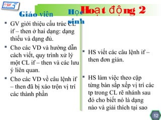 Giáo viên           Họ c ạ t
                            Ho           độ ng 2
 GV giới thiệu cấu trúc sinh
                         CL
  if – then ở hai dạng: dạng
  thiếu và dạng đủ.
 Cho các VD và hướng dẫn
                                HS viết các câu lệnh if –
  cách viết, quy trình xử lý
  một CL if – then và các lưu then đơn giản.
  ý liên quan.
 Cho các VD về câu lệnh if  HS làm việc theo cặp
  – then đã bị xáo trộn vị trí   từng bàn sắp xếp vị trí các
  các thành phần                 tp trong CL rẽ nhánh sau
                                 đó cho biết nó là dạng
                                 nào và giải thích tại sao
                                                           12
 